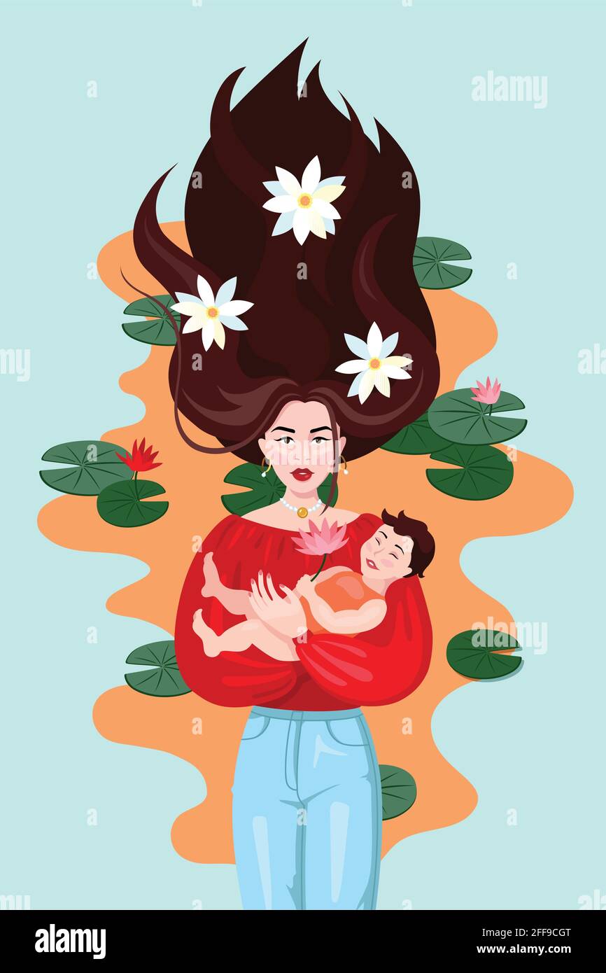 Asian mother with son and lotus flowers Stock Vector