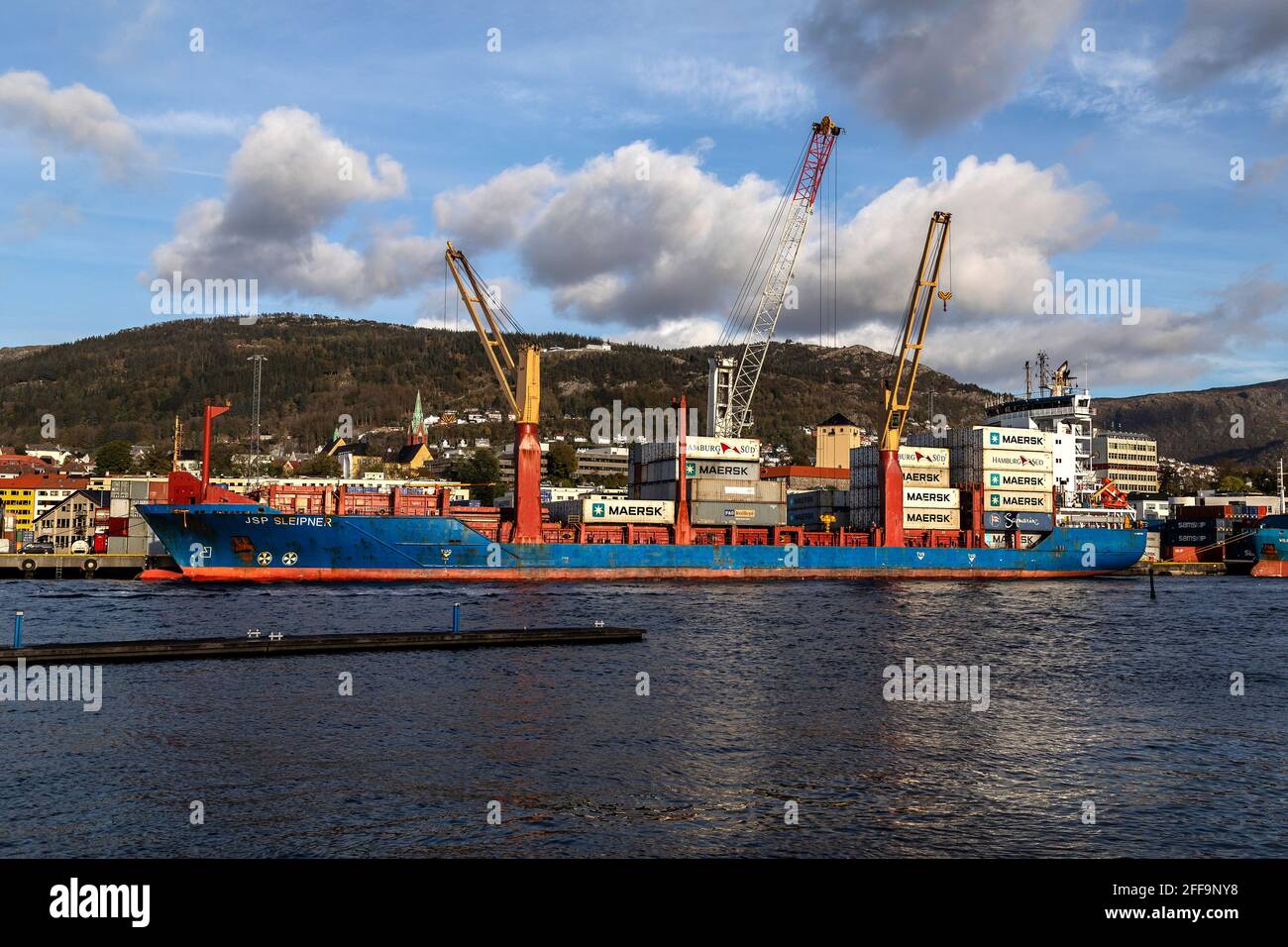 Container vessel JSP Sleipner at Frieleneskaien terminal,  in the port of Bergen, Norway Stock Photo