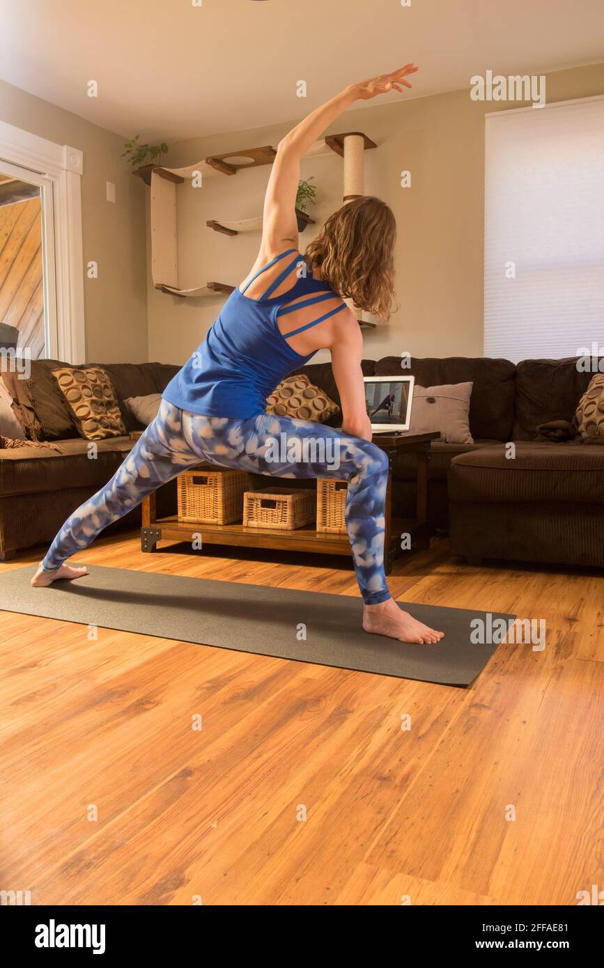 Online yoga instruction in the comfort of you own home. Maintaining fitness and flexibility on you own time. Stock Photo