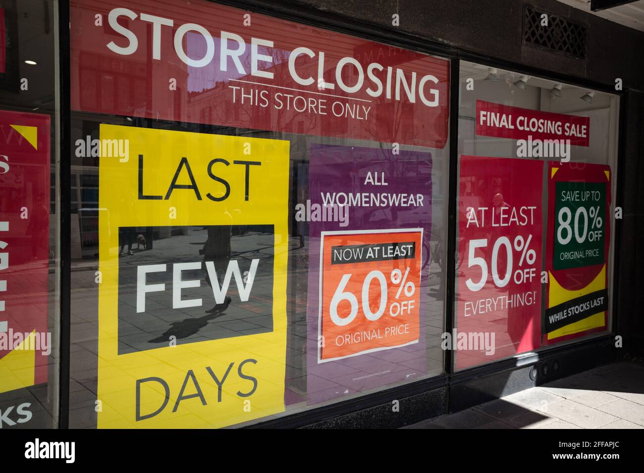 Debenhams store in Worthing closing down sale notices. Many shops have been hit by the three lockdowns in England due to the coronovirus.pandemic. Stock Photo