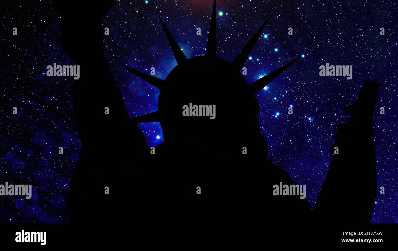 The statue of liberty of New York City against stars at night Stock ...