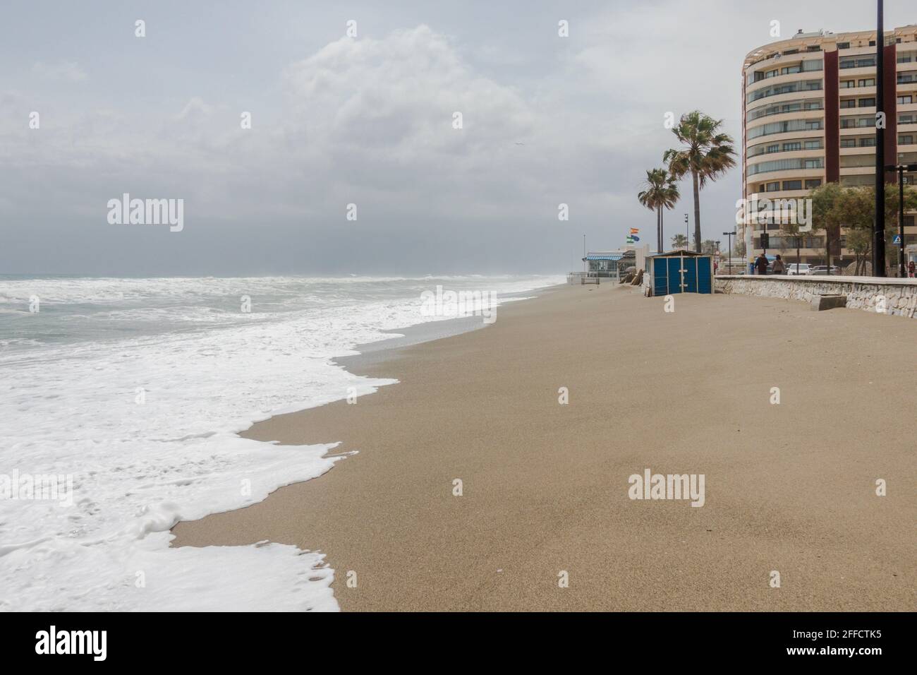 Rogue mediterranean sea, high tide with waves, Fuengirola, Andalucia, Spain. Stock Photo