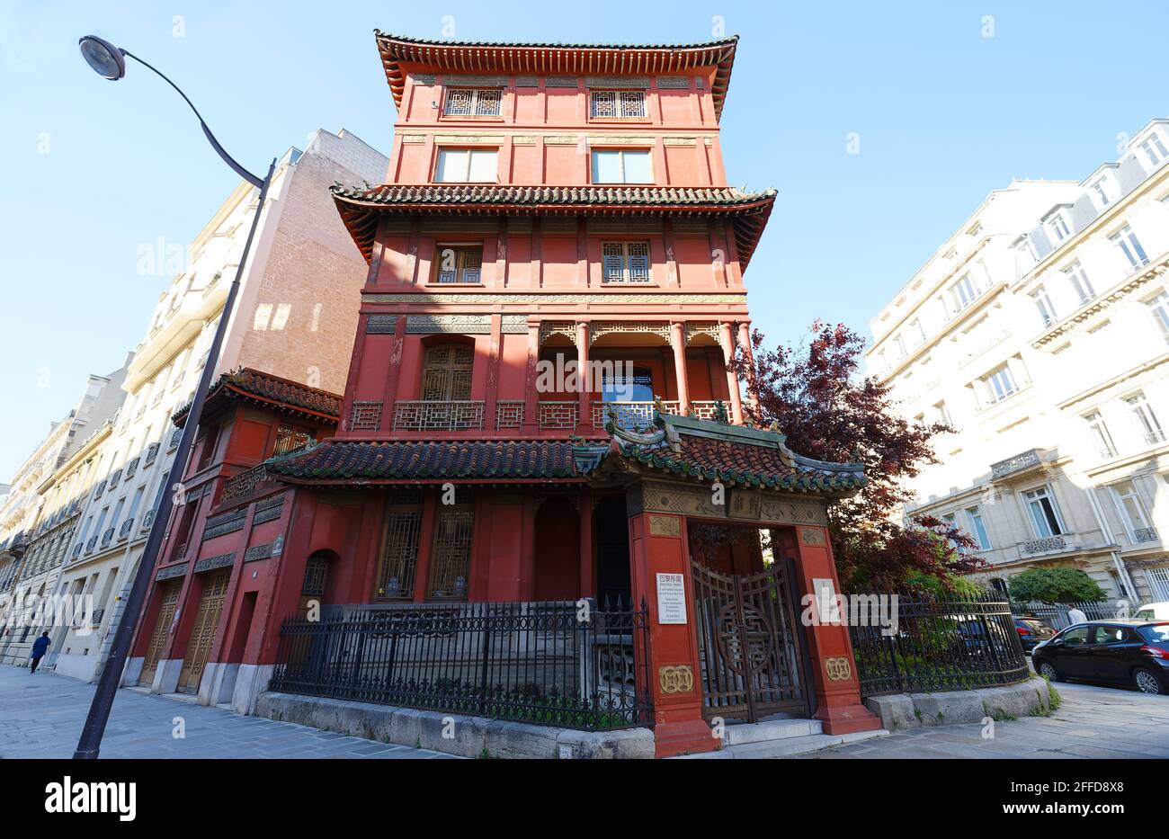 Red Chinese pagoda in Paris in the eight district, France. Stock Photo