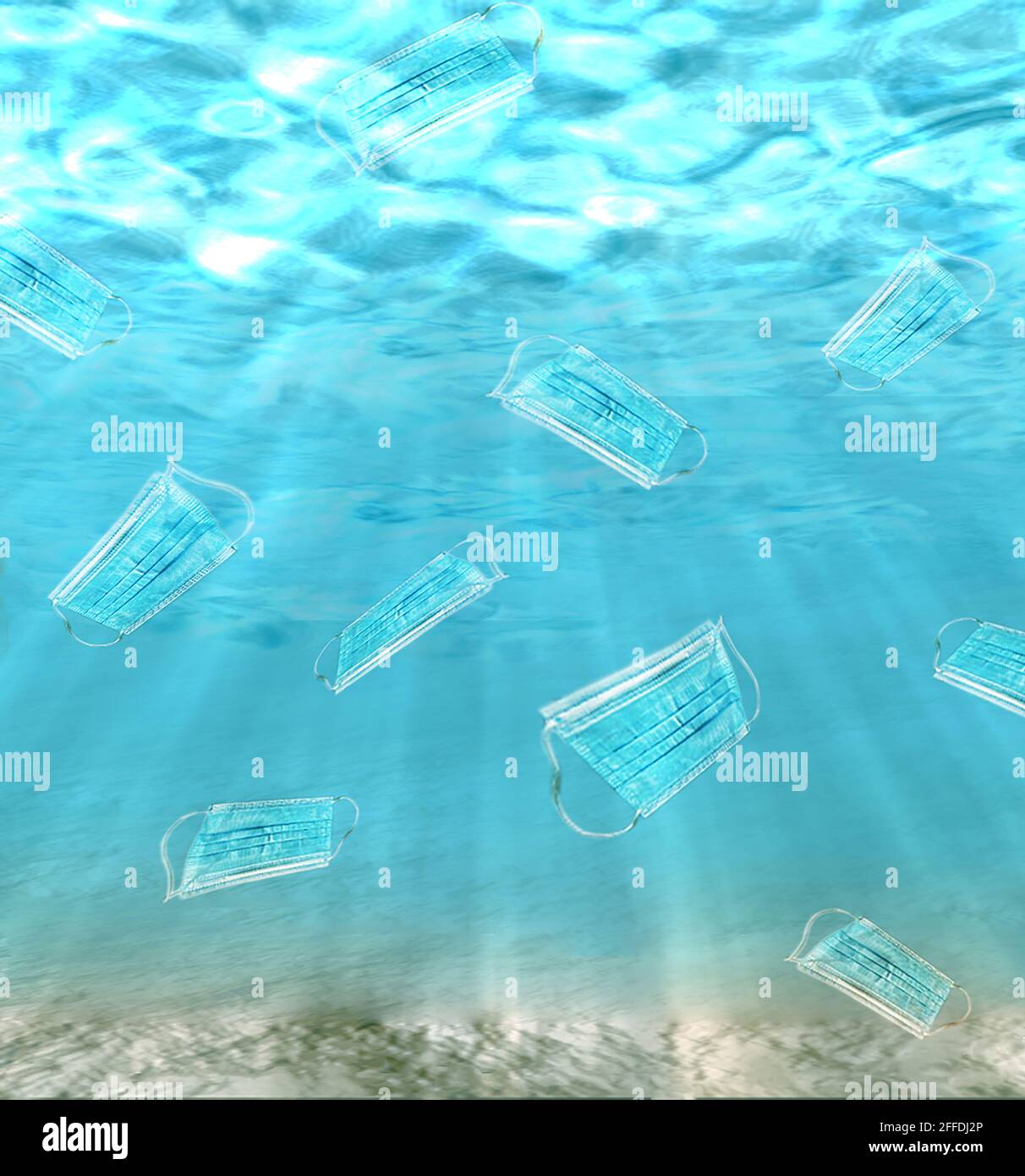 Plastic pollution in the ocean. Ecological problem. Zero waste. Environmental pollution. Protective masks at the bottom of the sea or ocean Stock Photo