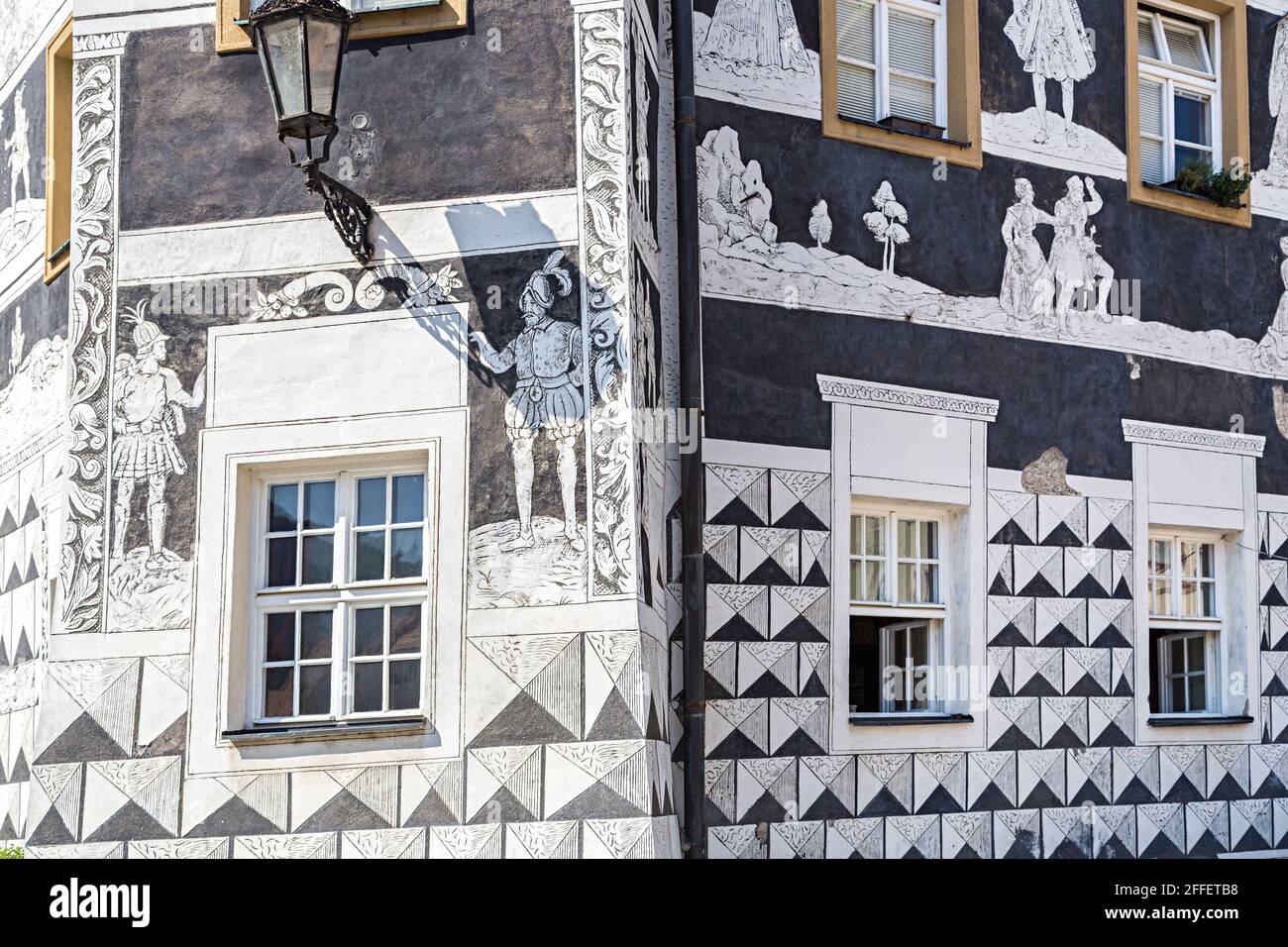 The Sgraffiti or graffiti knights house in the town square, Mikulov, Czech Republic Stock Photo