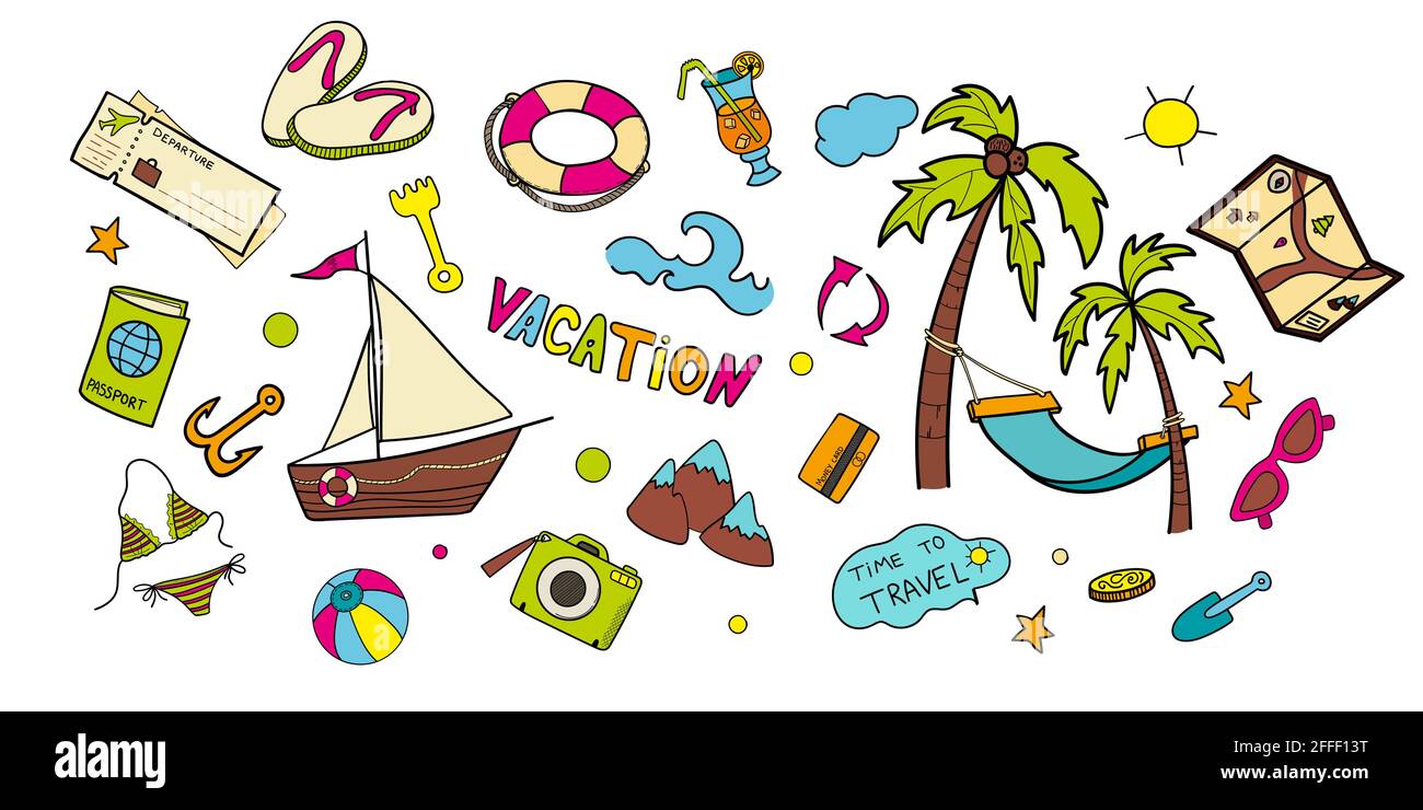Beach theme doodle set. seaside sport activities Stock Vector