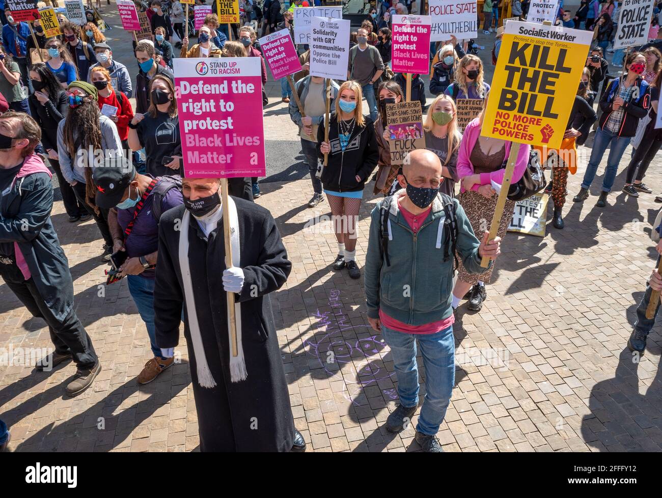 On Saturday 17th April 2021 a peaceful protest against the Policing, Crime, Sentencing and Courts Bill took place in Oxford’s Bonn Square. If passed, the Bill could criminalise the right to protest as it gives the Police extensive new powers to act against protests. Throughout the afternoon speakers addressed the protestors. The protest was organised by a concerned coalition of Oxford organisations. Credit: Stephen Bell/Alamy Stock Photo