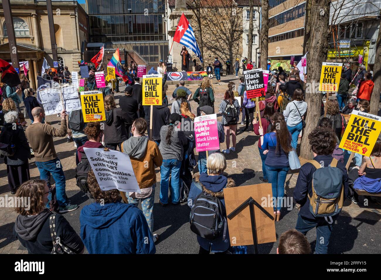 On Saturday 17th April 2021 a peaceful protest against the Policing, Crime, Sentencing and Courts Bill took place in Oxford’s Bonn Square. If passed, the Bill could criminalise the right to protest as it gives the Police extensive new powers to act against protests. Throughout the afternoon speakers addressed the protestors. The protest was organised by a concerned coalition of Oxford organisations. Credit: Stephen Bell/Alamy Stock Photo