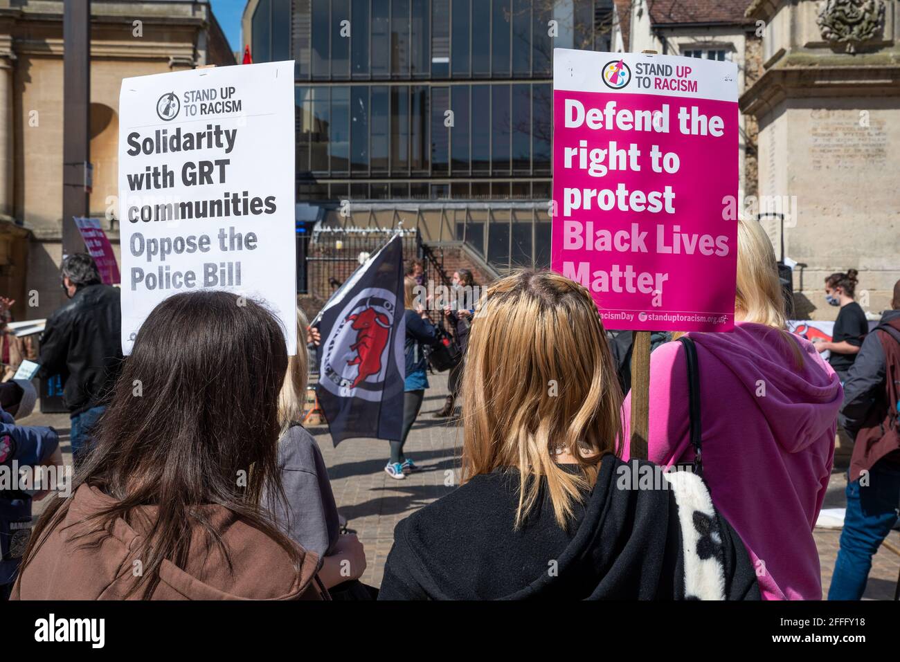 On Saturday 17th April 2021 a peaceful protest against the Policing, Crime, Sentencing and Courts Bill took place in Oxford’s Bonn Square. If passed, the Bill could criminalise the right to protest as it gives the Police extensive new powers to act against protests. Throughout the afternoon speakers addressed the protestors. The protest was organised by a concerned coalition of Oxford organisations. Credit: Stephen Bell/Alamy Stock Photo