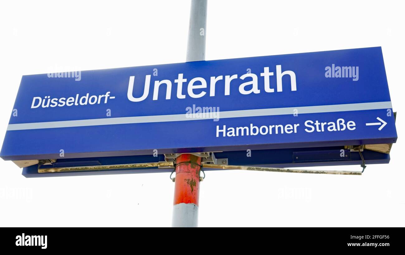 Unterrath, District in the North of Düsseldorf near the airport, sig post at the train station, April 2021 Stock Photo