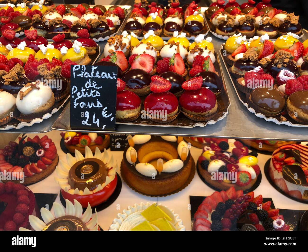 Paris France Detail Cakes On Display In French Boulangerie Bakery Shop Colorful Objects On Shelves Finished Products Stock Photo Alamy
