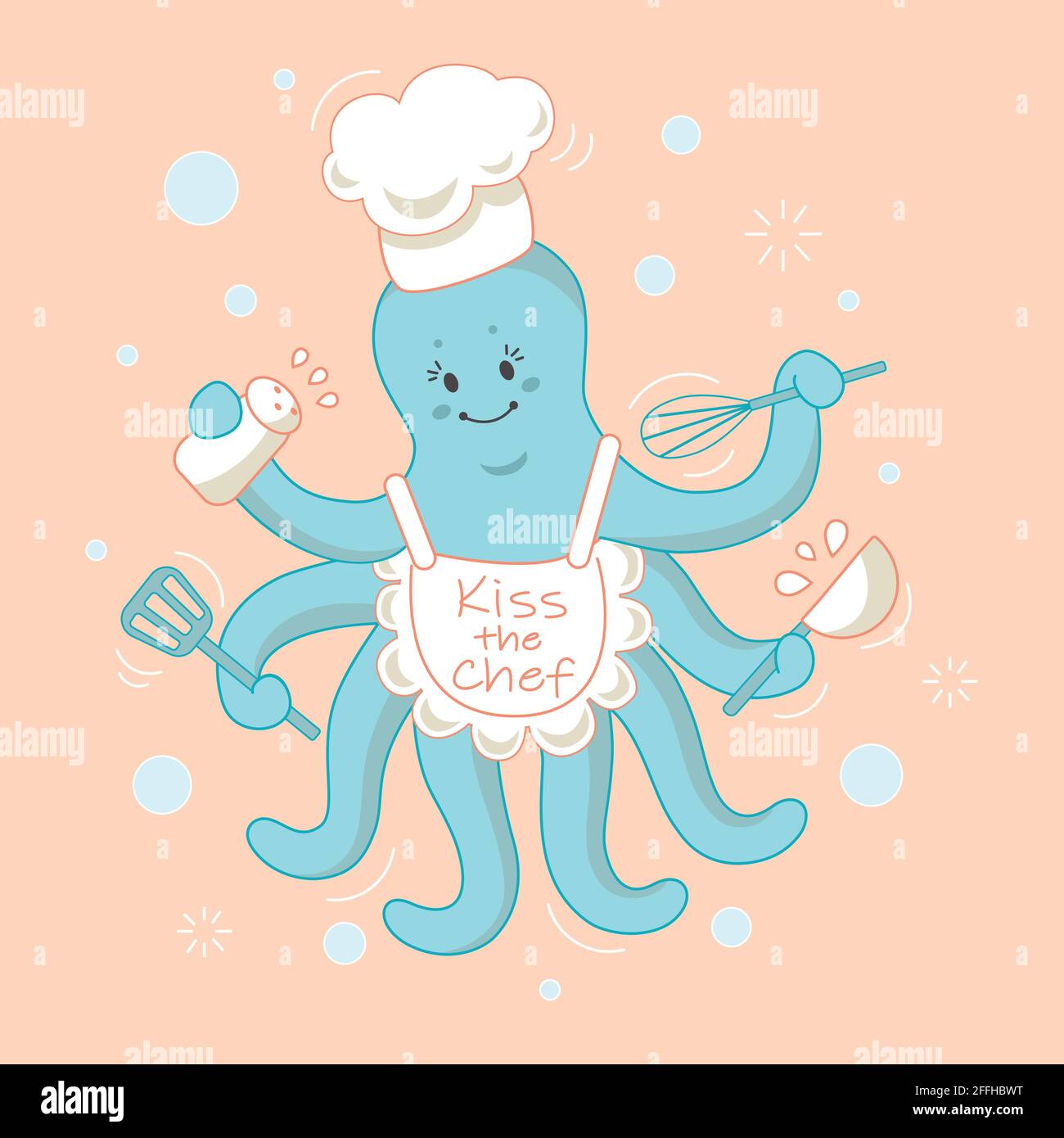 Cute character chef octopus cooking. Vector colorful isolated illustration on pink background. For print, design, decoration, stickers, apparel Stock Vector
