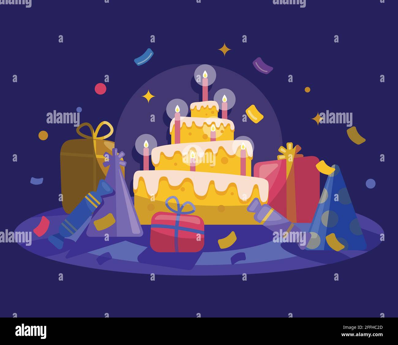 Vector flat style modern illustration cake with candles, presents and confetti. Birthday party concept. For print, design, decoration, cards, invitati Stock Vector