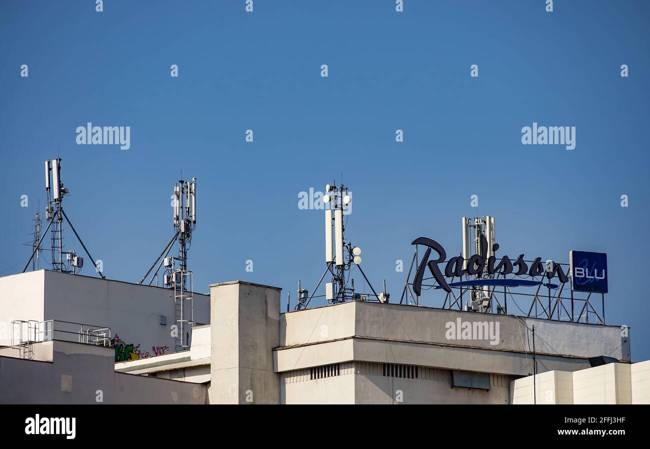 Bucharest, Romania - April 01, 2021: Many GSM telecommunications antennas are installed on top of Blu Hotel Bucharest. This image is for edit Stock Photo Alamy