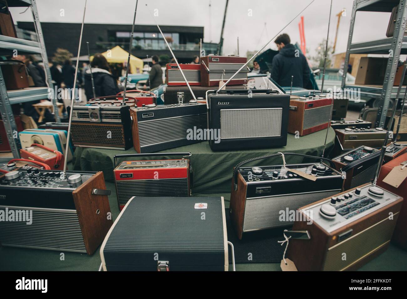 London/UK - 29 April 2018: Classic Car Boot Sale by Vintage. Retro festival where people selling their vintage clothing and other goods from jewellery Stock Photo