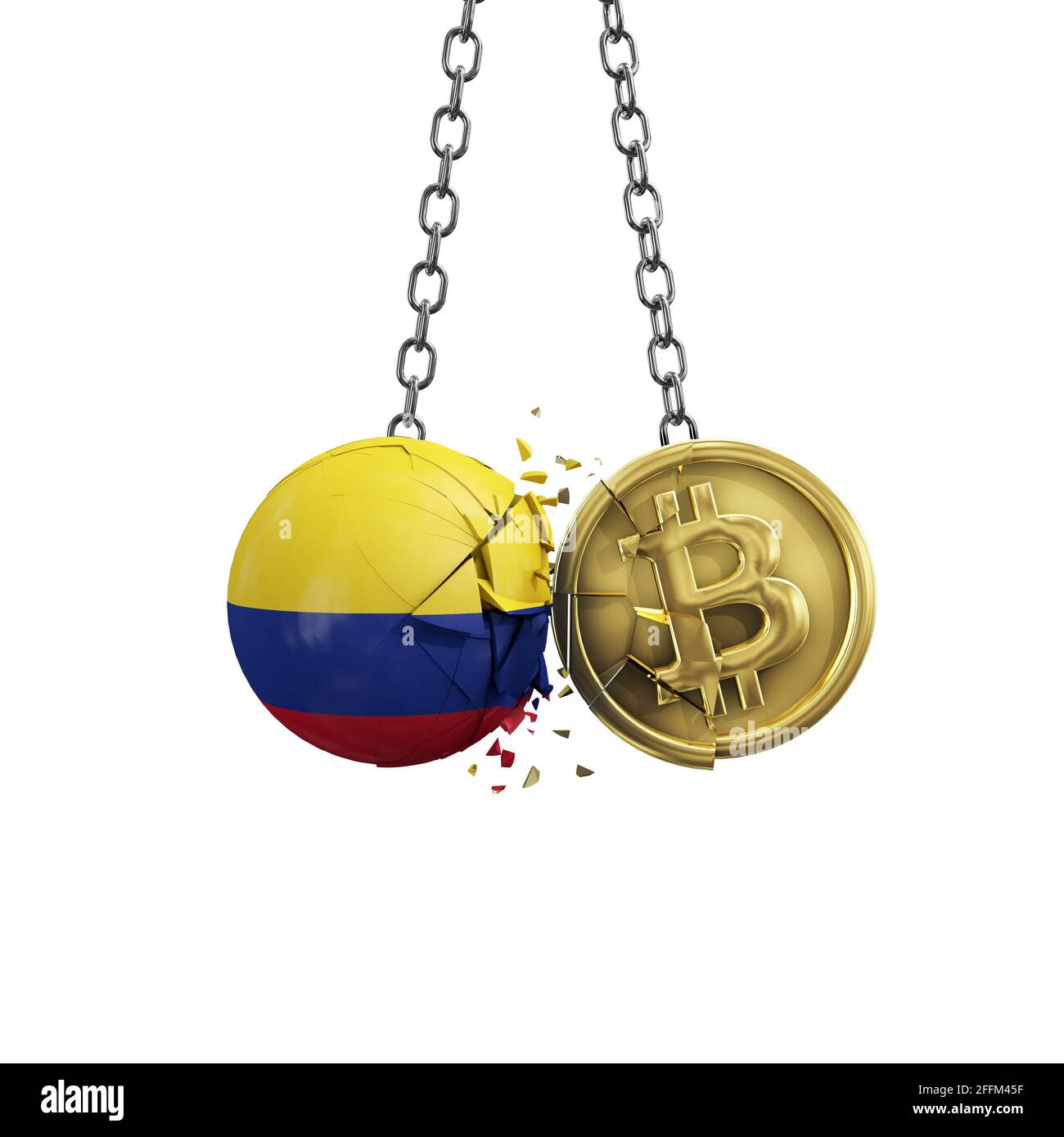 Colombia flag smashing into a gold bitcoin crypto coin. 3D Rendering Stock Photo