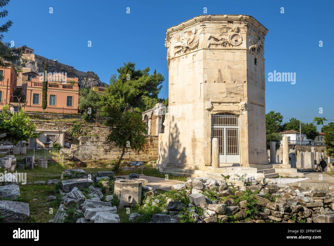 Tower of Winds or Aerides in Roman Agora, Athens, Greece. It is landmark of Athens. Ancient Greek ruins in Athens city center at Plaka district. Conce Stock Photo