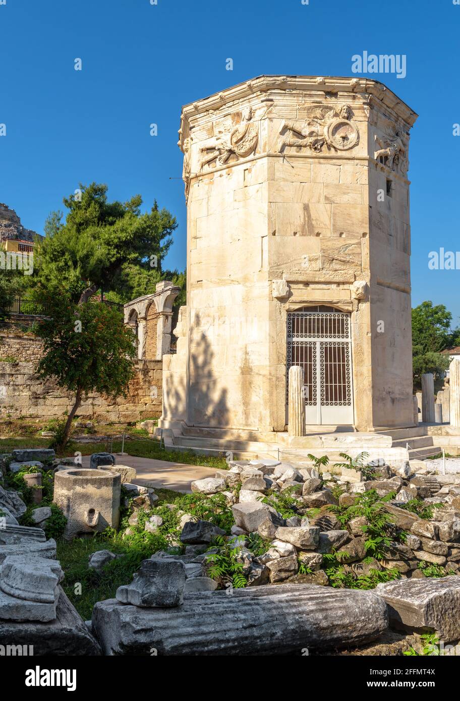 Tower of Winds or Aerides in Roman Agora, Athens, Greece. It is landmark of Athens. Ancient Greek ruins in Athens city center at Plaka district. Conce Stock Photo