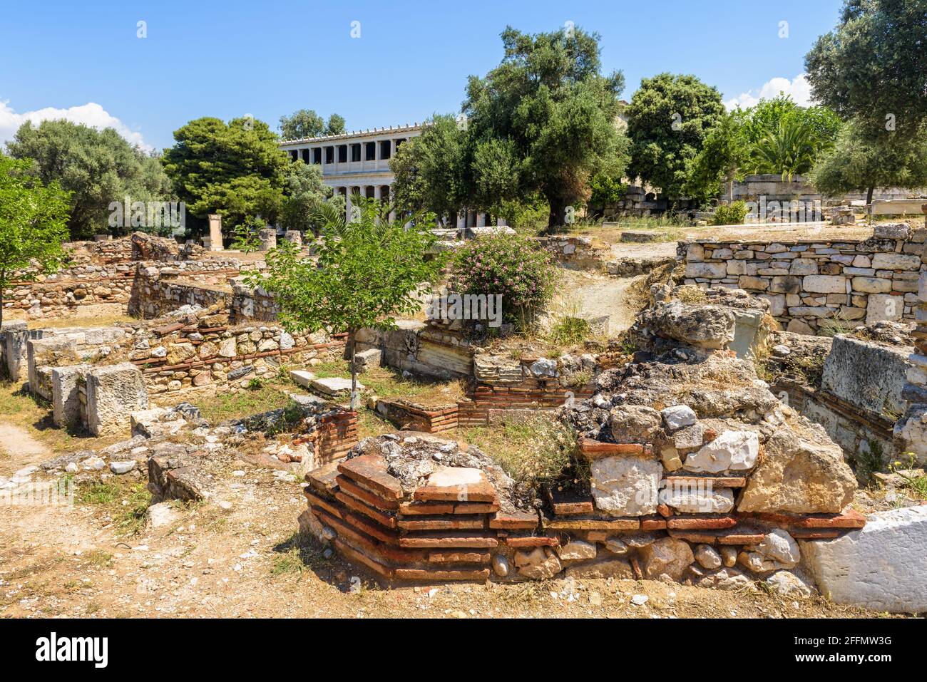 Landscape of ancient Greek ruins in Agora, Athens, Greece, Europe. Scenic view of remains of old classical Athens in summer. This place is landmark in Stock Photo