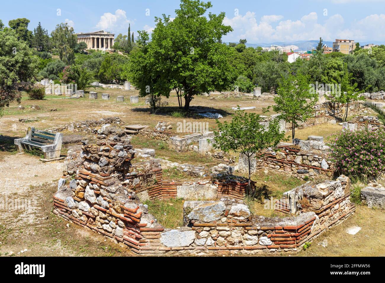Landscape of ancient Greek ruins in Agora, Athens, Greece, Europe. Scenic view of remains of old classical Athens in summer. This place is landmark in Stock Photo