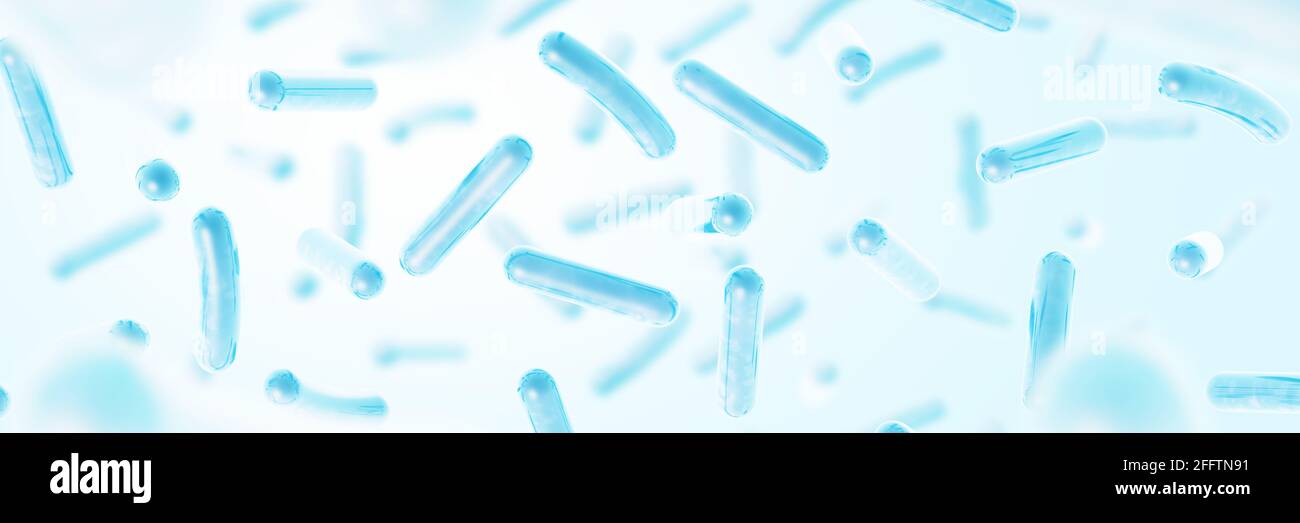 Probiotics. Restoring the gut flora. Blue color. Lactobacillus. Banner. 3d illustration. Stock Photo