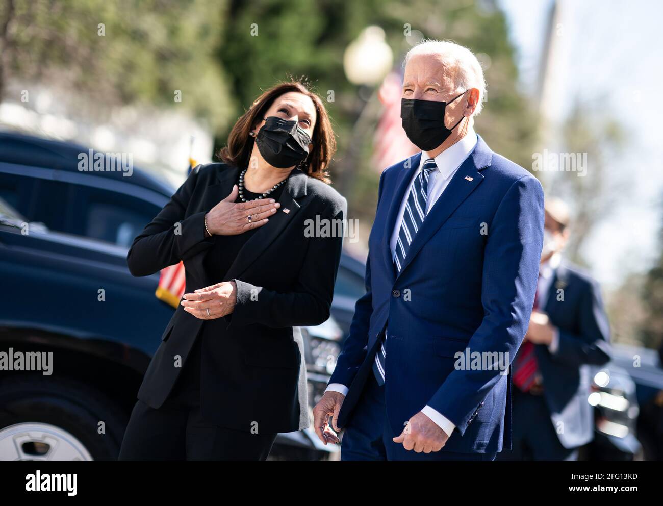 President Joe Biden walks with Vice President Kamala Harris across the West Executive Avenue at the White House Monday, March 29, 2021, following the President’s remarks in the South Court Auditorium in the Eisenhower Executive Office Building. (Official White House Photo by Lawrence Jackson) Stock Photo