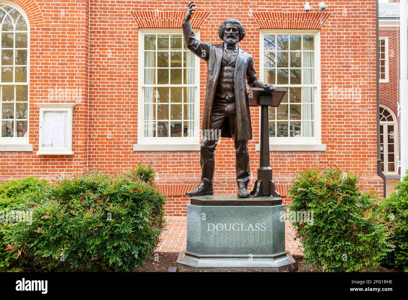 04-16-2021 Easton, MD, USA: Statue of the famous reformist abolitionist African American leader Frederick Douglass, in front of the Talbot County Cour Stock Photo