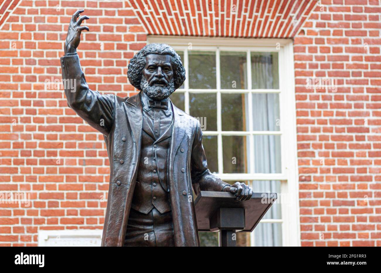04-16-2021 Easton, MD, USA: Statue of the famous reformist abolitionist African American leader Frederick Douglass, in front of the Talbot County Cour Stock Photo
