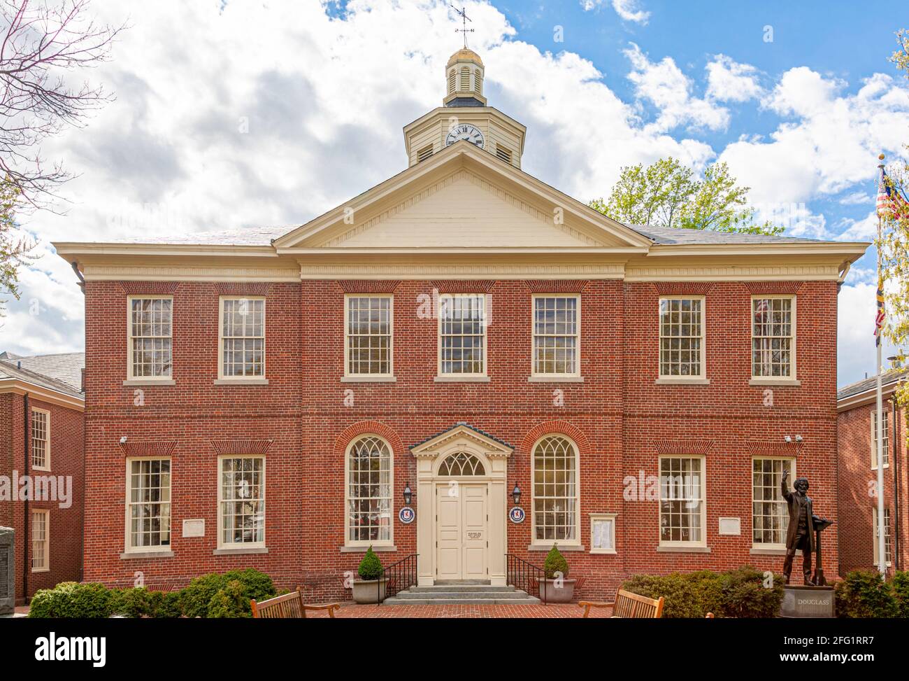 Easton ,MD, USA 04-16-2021: historic Courthouse building is among the oldest landmarks in the beautiful small town of Easton. Brick building has Talbo Stock Photo