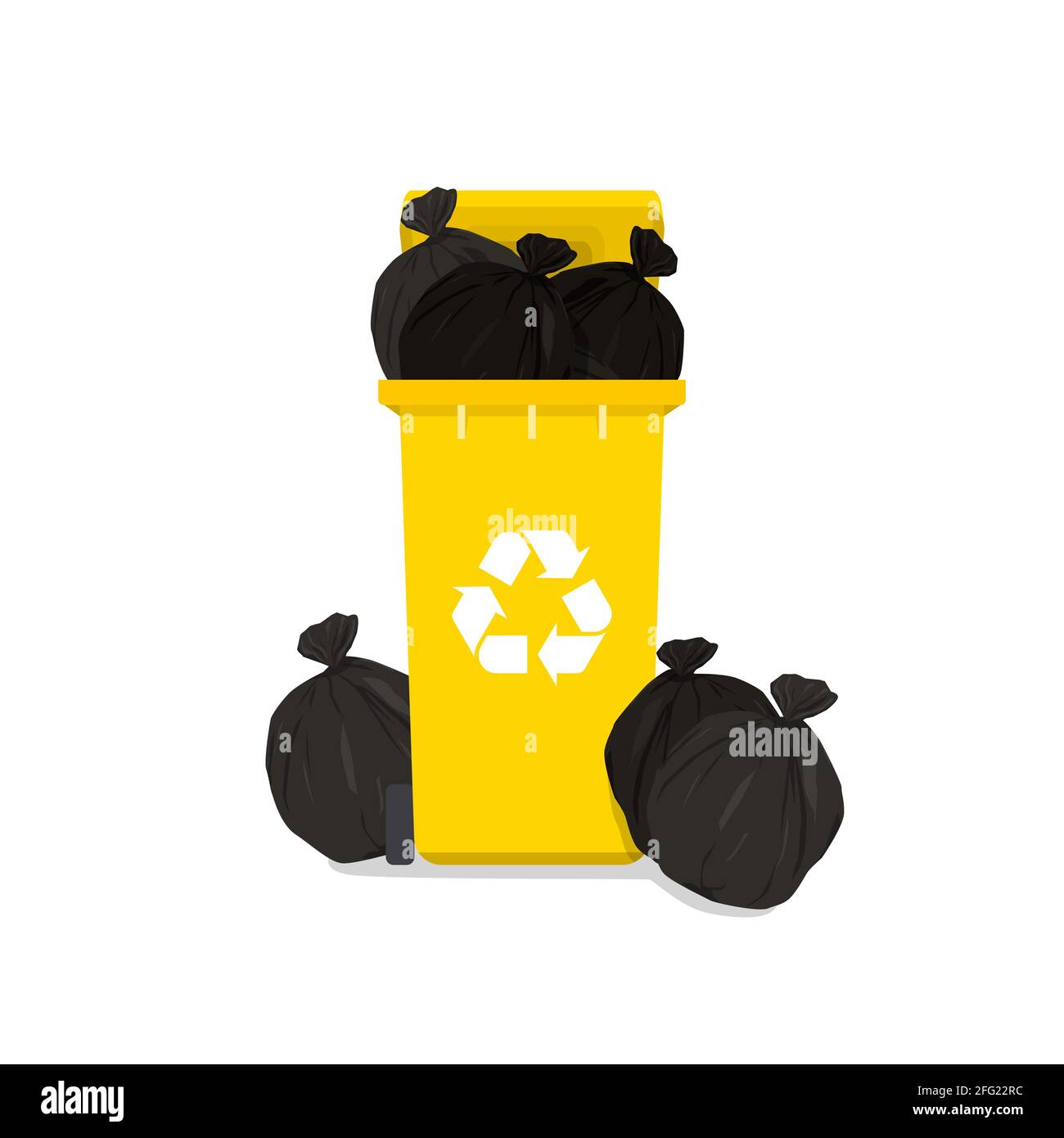 Overflowing yellow garbage bin with household waste isolated on white background. Stock Vector