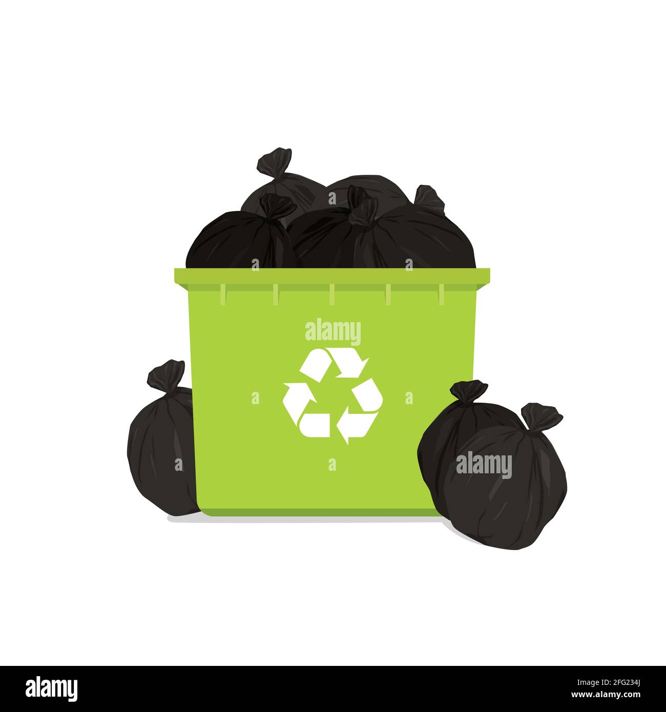 Overflowing green garbage bin with household waste isolated on white background. Stock Vector