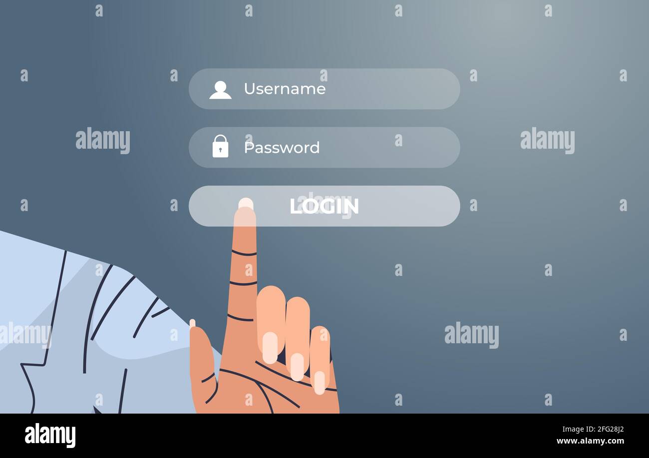 human hand pressing login button on virtual screen authorization
