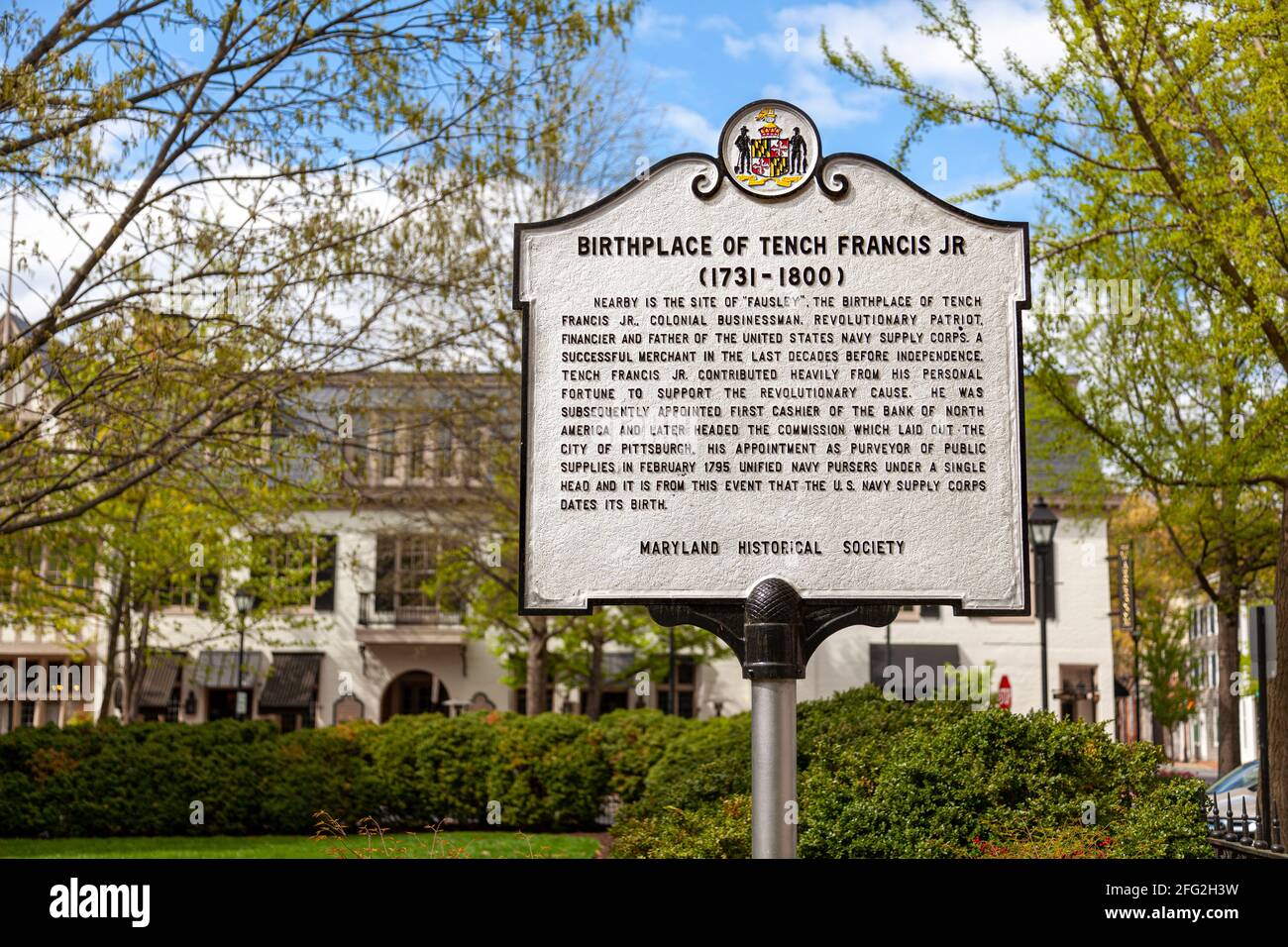 Easton, MD, USA 04-16-2021: A signpost erected by Maryland Historical Society on the location of the birthplace of revolutionary business man and merc Stock Photo