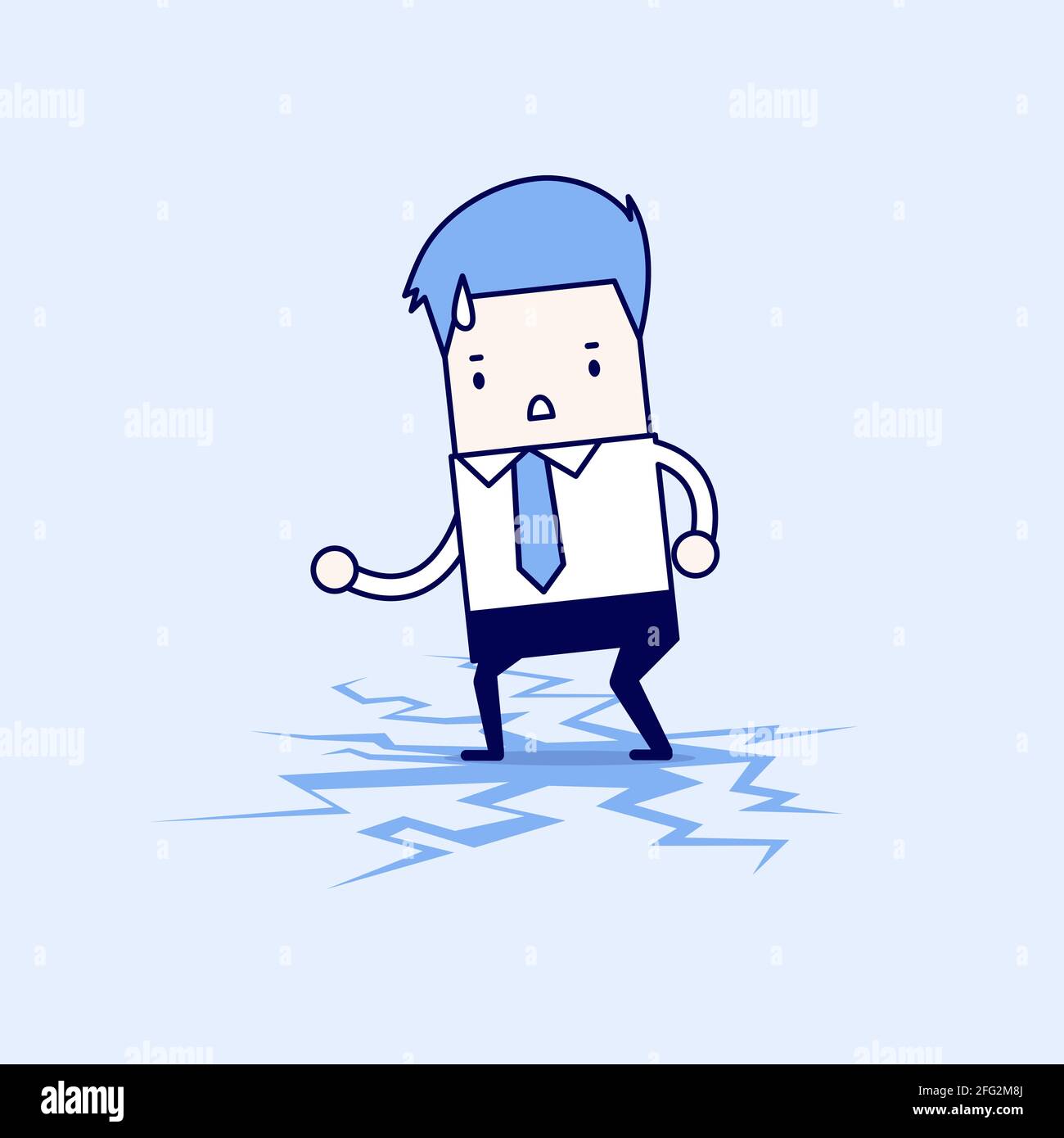 Businessman standing on cracking floor. Cartoon character thin line style vector. Stock Vector