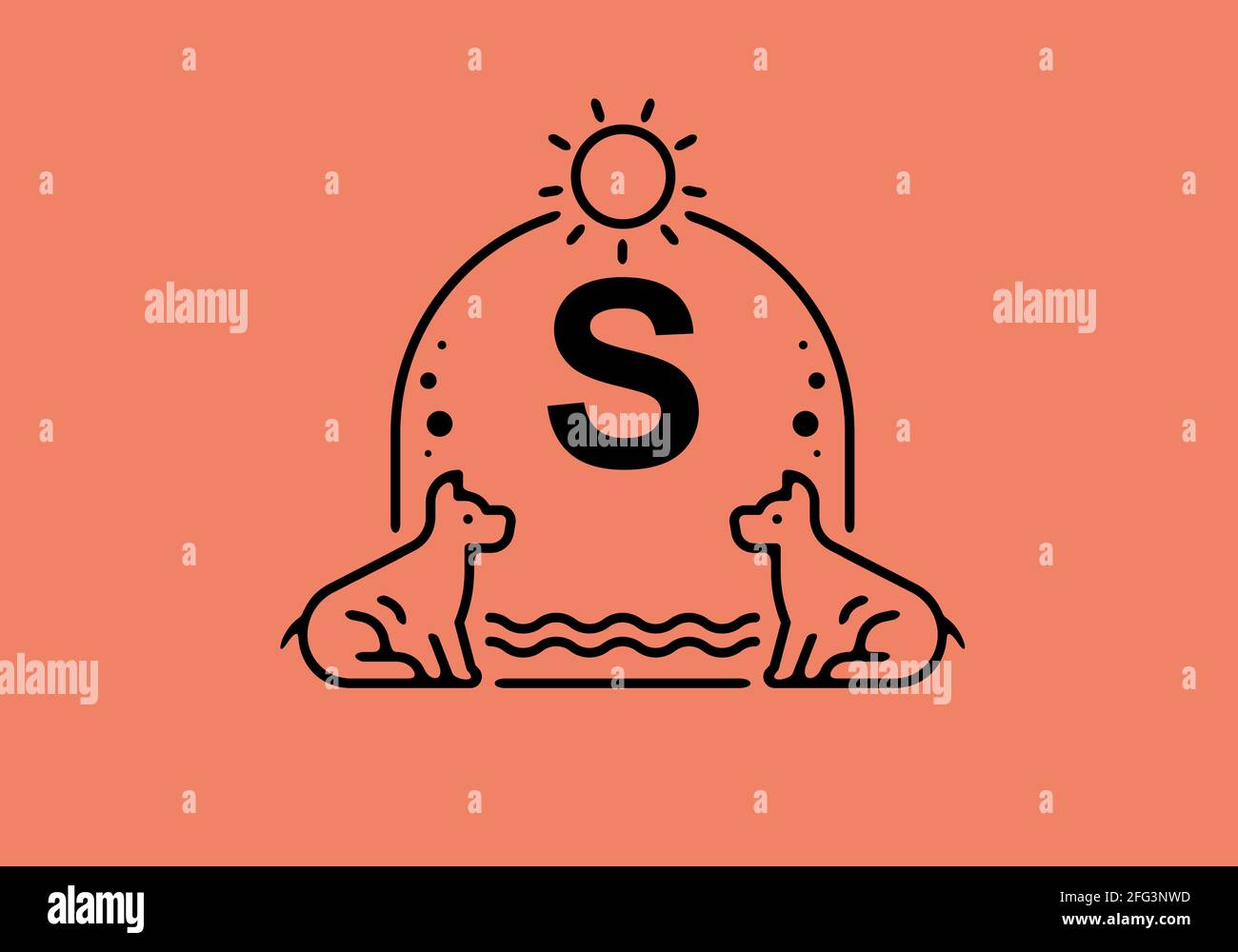 Black line art illustration of S initial letter in dog pet frame design ...