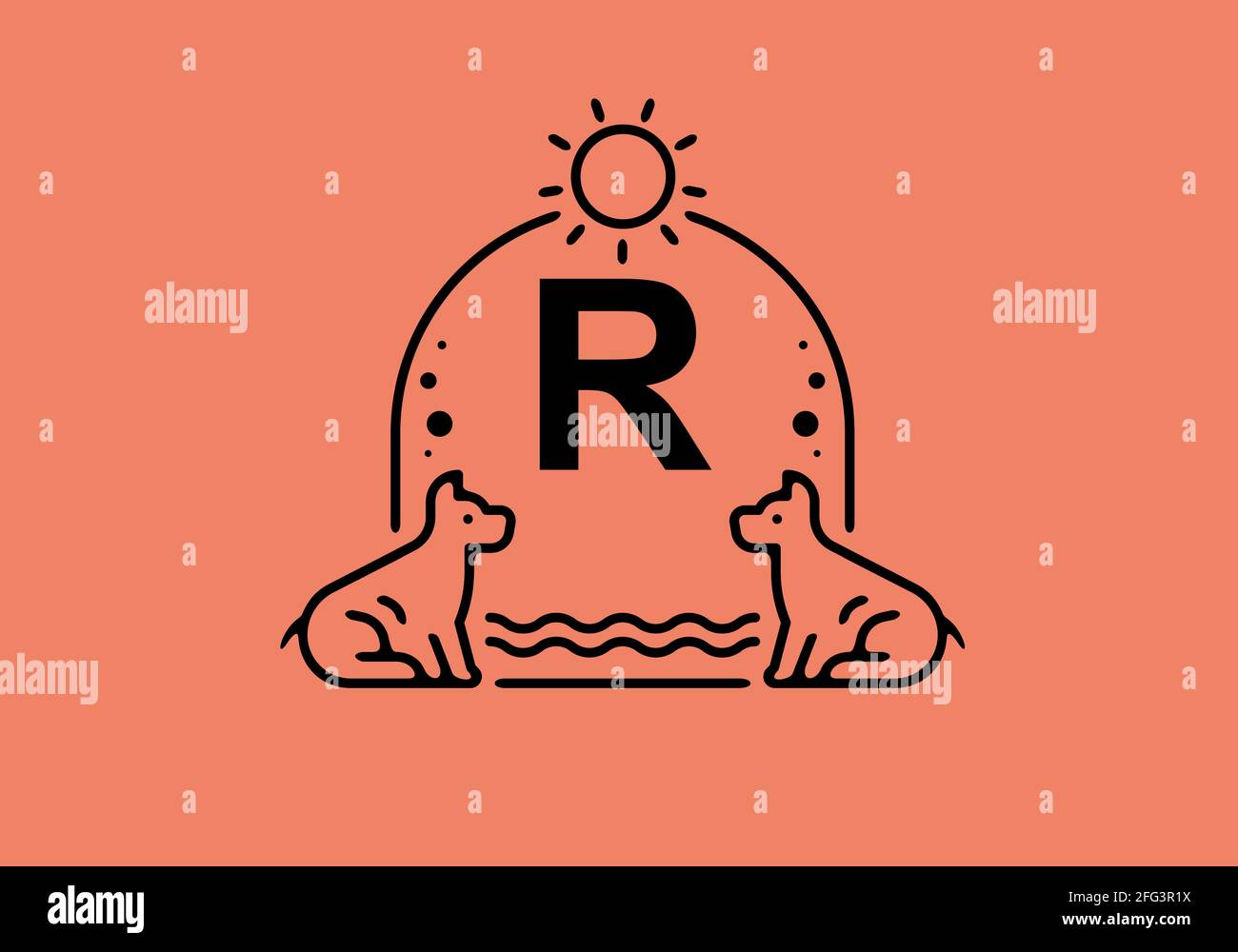 Black line art illustration of R initial letter in dog pet frame design ...