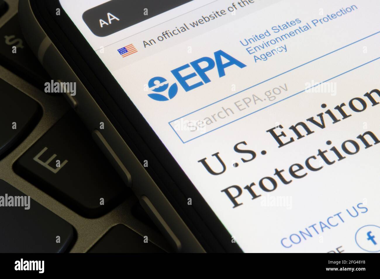 Closeup of the homepage of the United States Environmental Protection Agency (EPA) website seen on an iPhone. Stock Photo