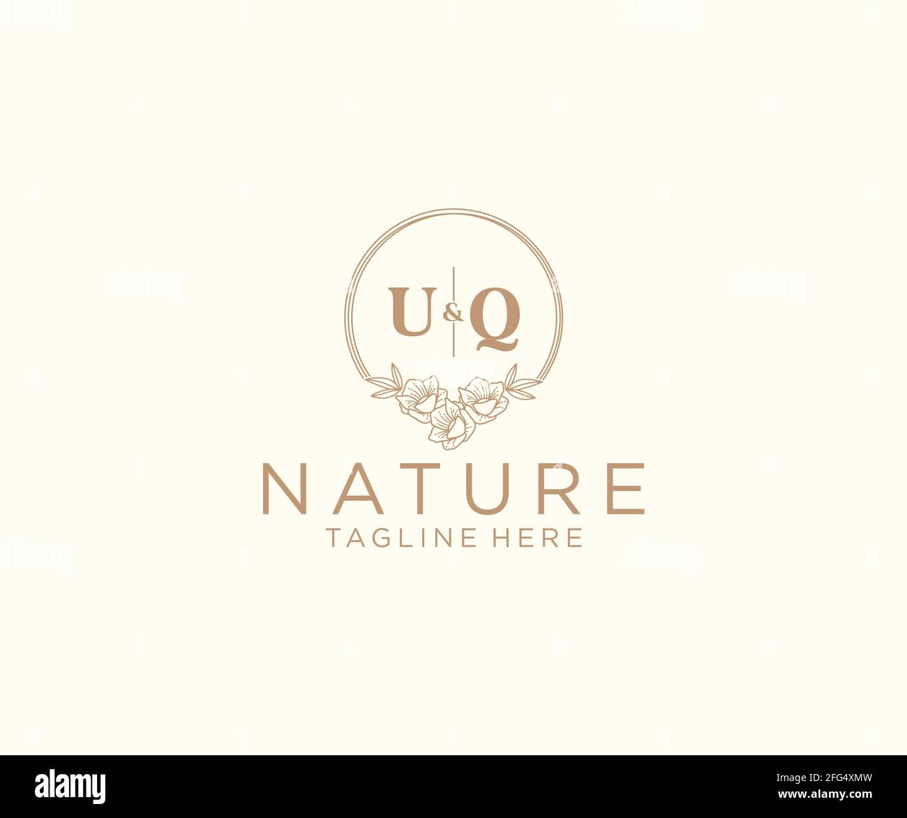 UQ letters floral frames. Botanical feminine editable premade monoline unique decoration for greeting card, wedding invitation. Stock Vector