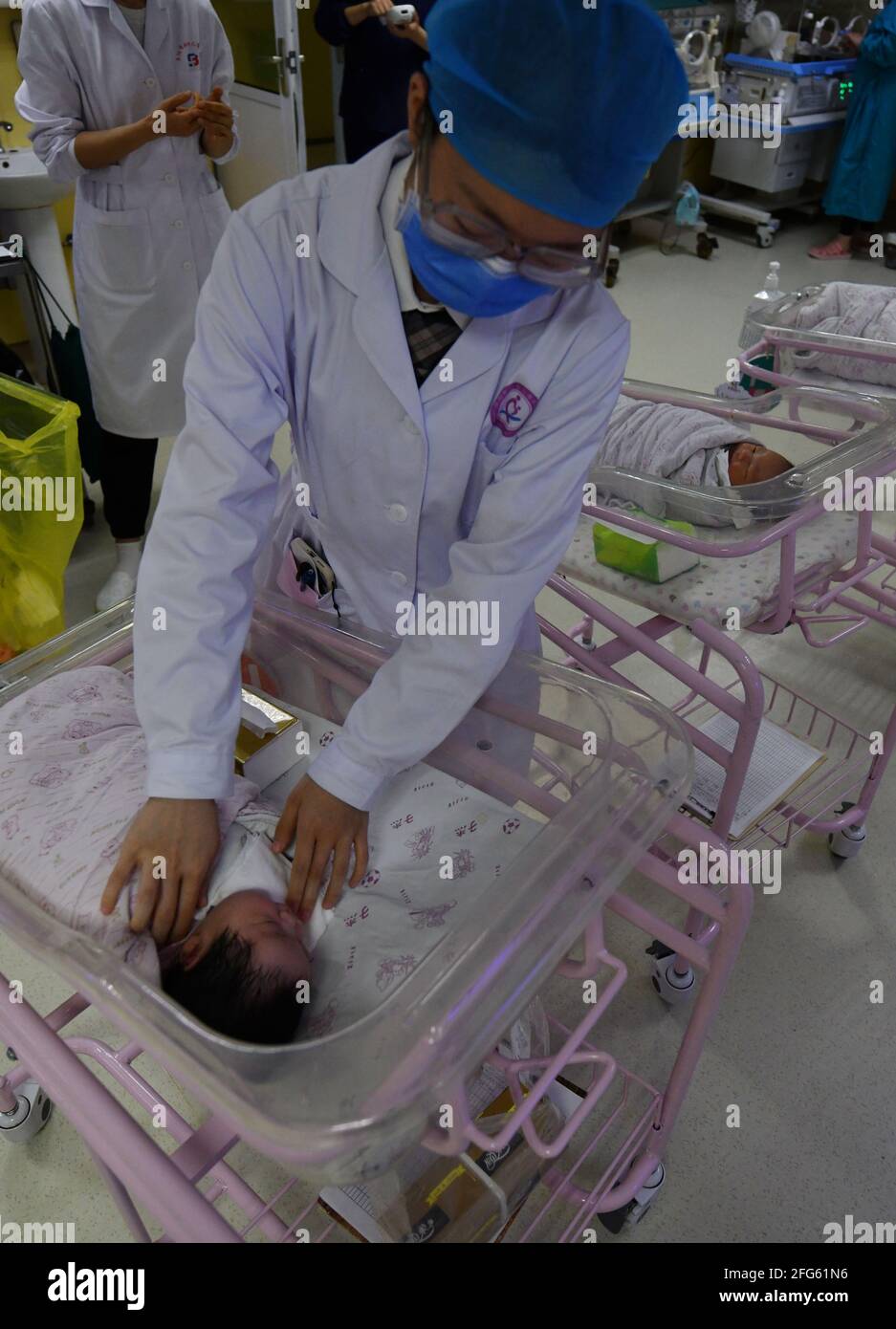 FUYANG, CHINA - APRIL 2021 - A newborn is treated in a ward of neonatal treatment at Fuyang Women and Children's Hospital in Fuyang, east China's Anhui Province,