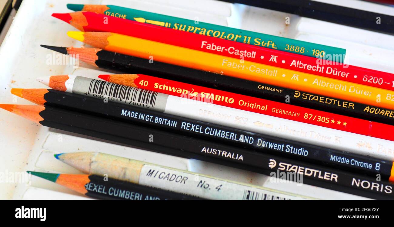 Some famous names in art pencils colouring pencils lined up in the