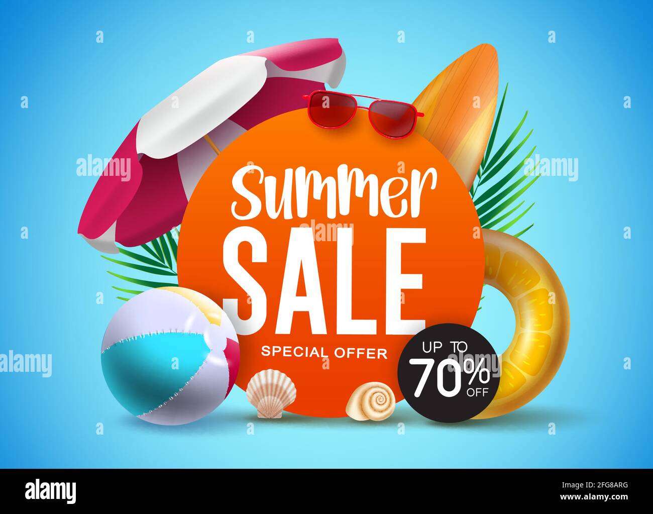 Summer sale vector banner template. Summer sale special offer text with up to 70% off beach element like beach ball, floater and sunglasses. Stock Vector