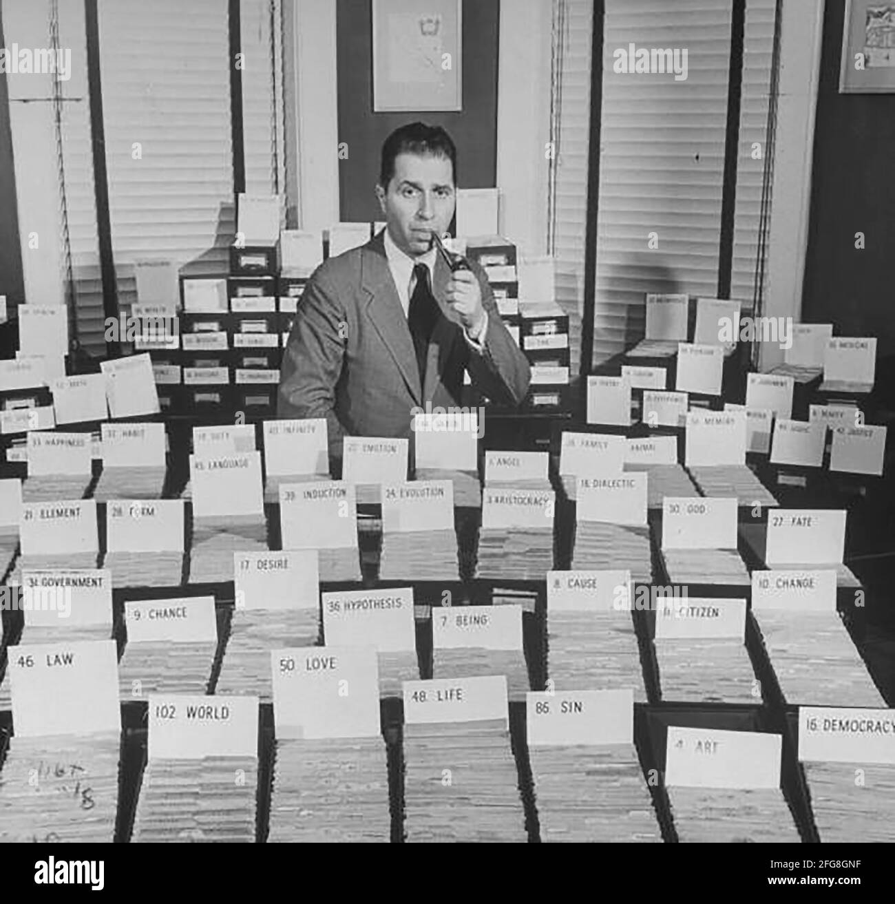 Mortimer J. Adler surrounded by his great ideas. (Photo by George Skadding/The LIFE Picture Collection via Getty Images) Stock Photo