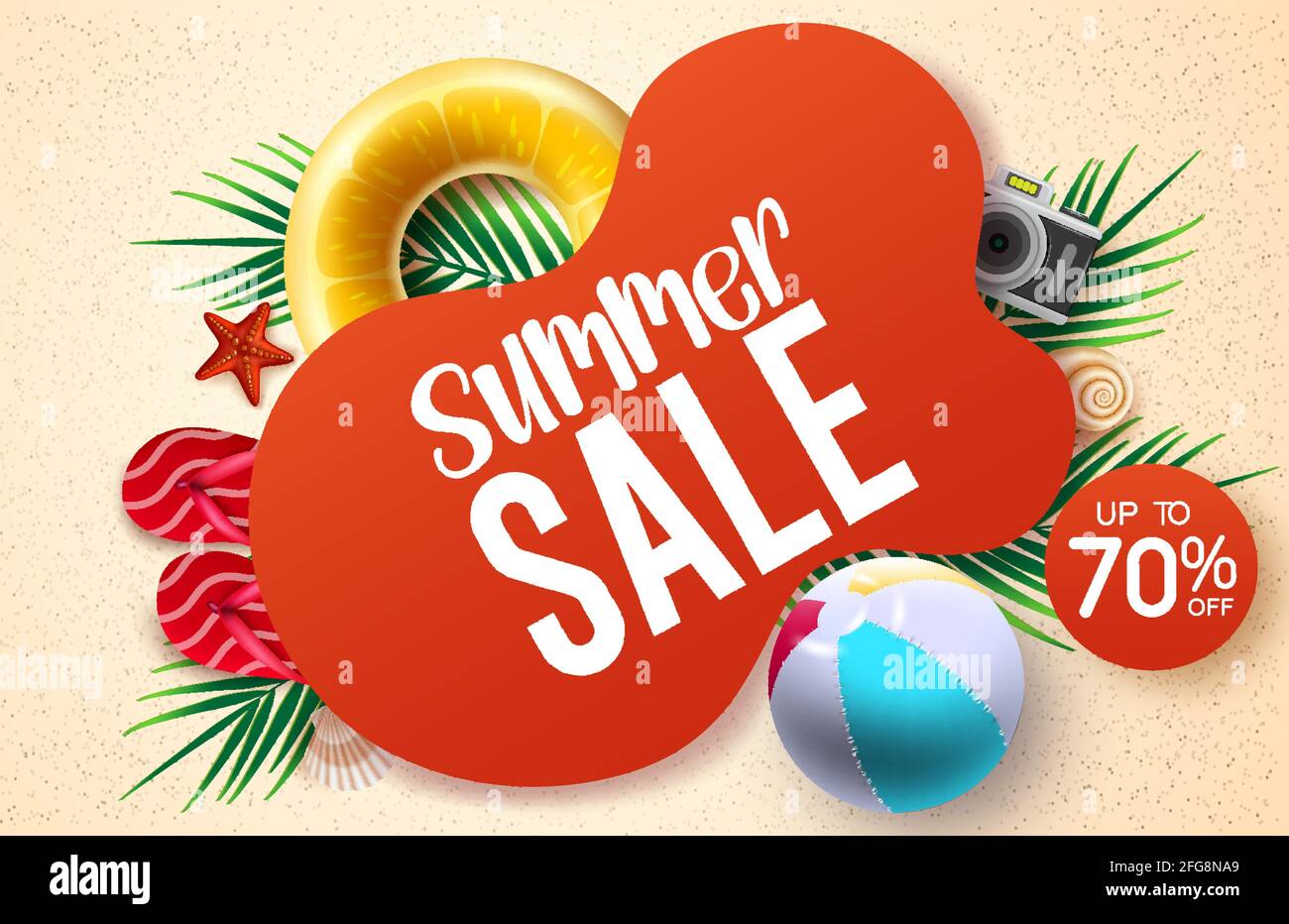 Summer sale vector banner design. Summer sale text with up to 70% off beach element like beach ball, floater and flipflop for tropical season business. Stock Vector