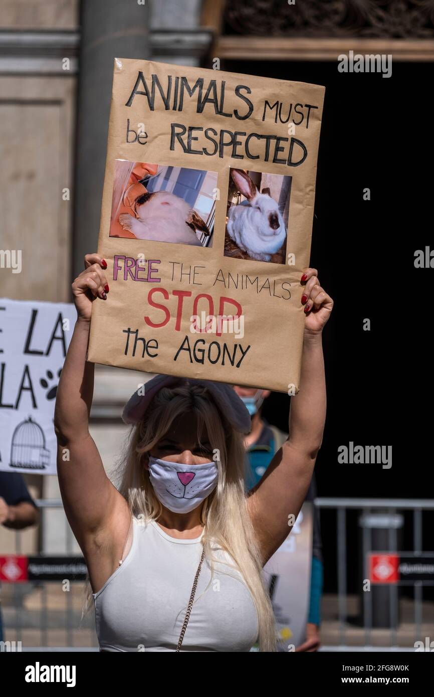 An activist against animal cruelty holds a placard during the   hundred people have gathered in Plaza de Sant Jaume to  condemn the cruelty of laboratory experiments with animals, coinciding with  the