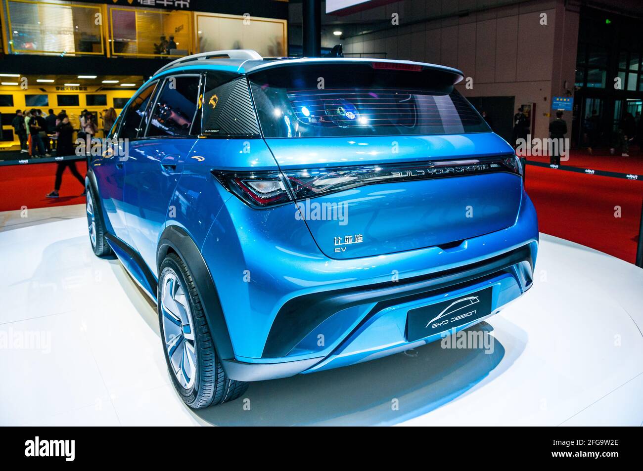 The BYD EA1 small hatchback EV on display at the 2021 Shanghai Auto
