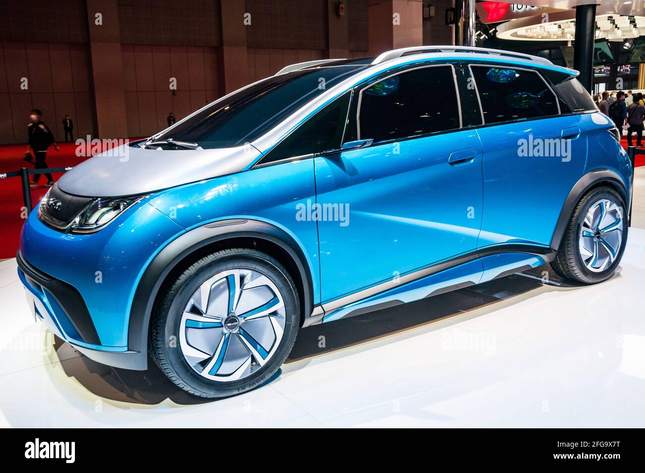 The BYD EA1 small hatchback EV on display at the 2021 Shanghai