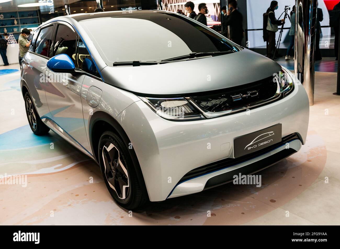 The BYD EA1 small hatchback EV on display at the 2021 Shanghai Auto