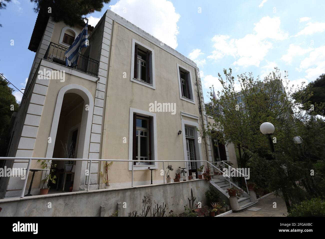 Summer Residence of Princess Alice of Greece at Neo Heraclion district in Athens.  Princess Alice of Battenberg was the mother of Prince Philip and mother-in-law of Queen Elizabeth II. After marrying Prince Andrew of Greece and Denmark in 1903, she adopted the style of her husband, becoming Princess Andrew of Greece and Denmark. She lived in Greece until the exile of most of the Greek royal family in 1917. On returning to Greece a few years later, her husband was blamed in part for the country's defeat in the Greco-Turkish War (1919–1922), and the family was once again forced into exile until Stock Photo