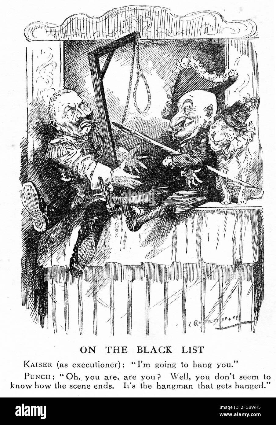 Engraving of Mr Punch taunting the German executioner during World War One. From Punch magazine. Stock Photo