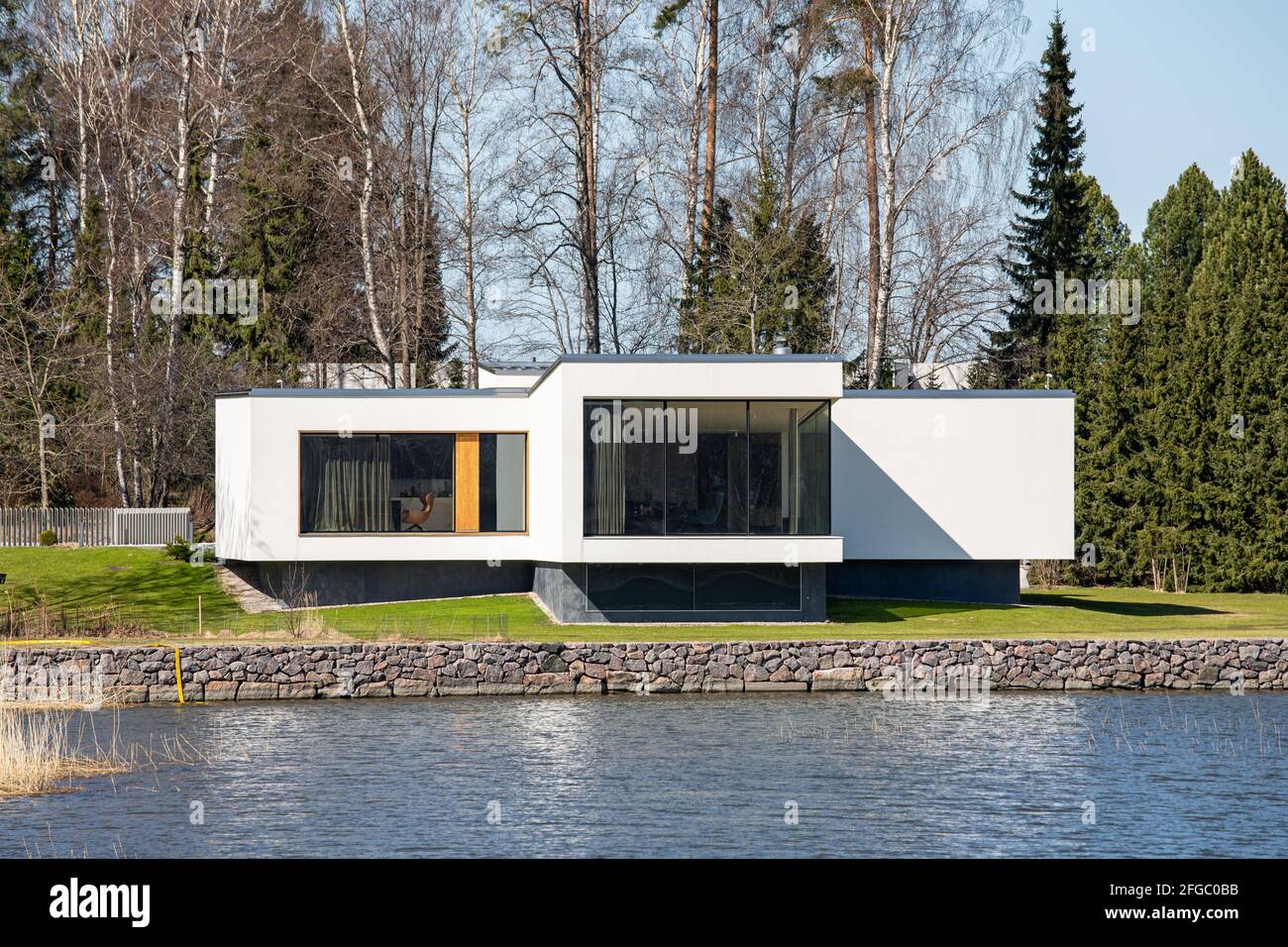 Modern waterfront building or house in Kuusisaari district of Helsinki